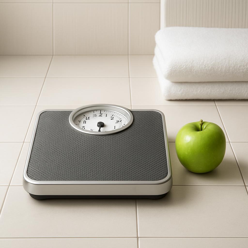 The folded white towels sit atop an accidentally black-and-white-tiled floor. To the right in the image an apple sits befo...