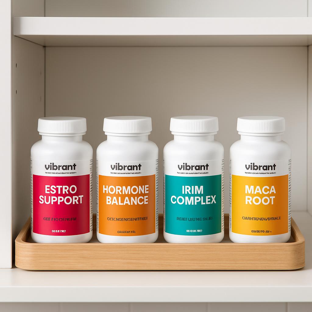 Four white bottles, each with a distinct colored label and a light-brown wooden tray, occupy a space between a cupboard do...